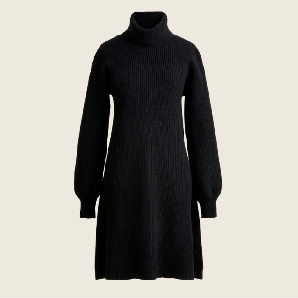 NEW J Crew Wool Cashmere Turtleneck Sweater Dress Balloon Sleeves Black SM